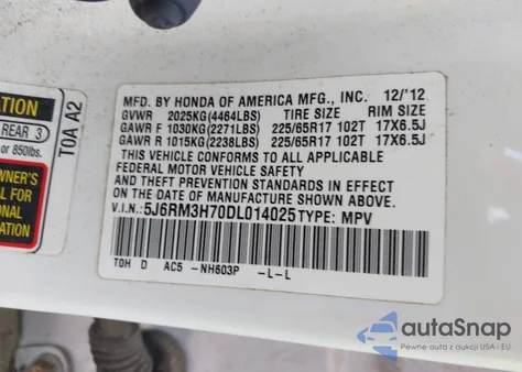 2013 Honda Cr-V Ex-L из США, поврежденный, VIN 5J6RM3H70DL014025